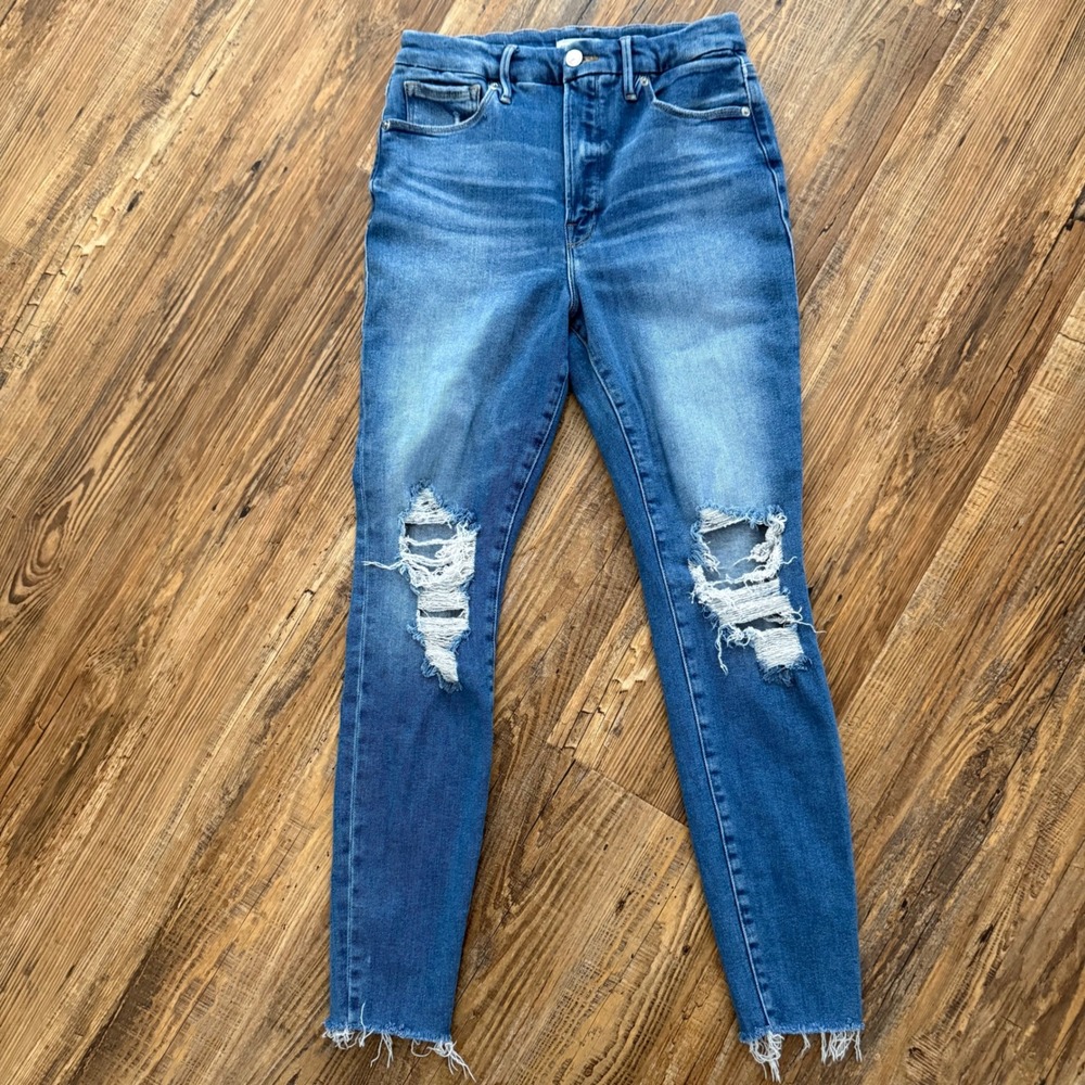 Good American Skinny Jean 10/30 Destroyed Distressed High Rise Raw Knees Stretch